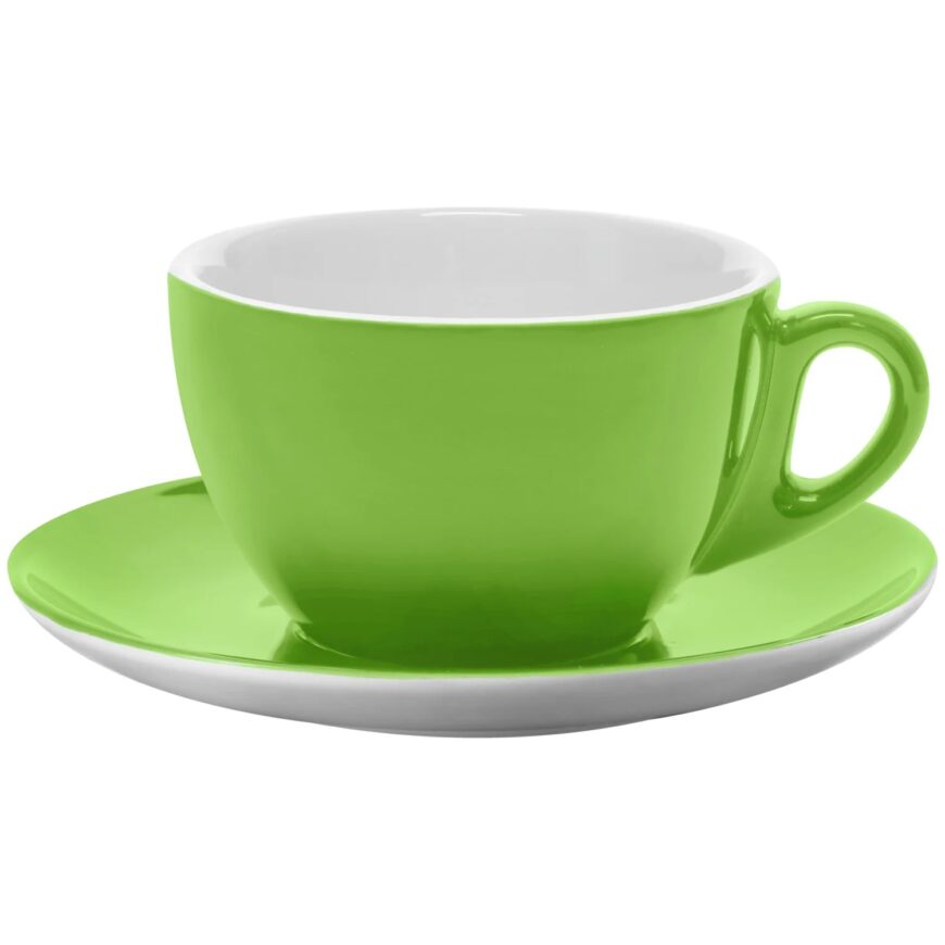 zelený hrnek s podšálkem na latte